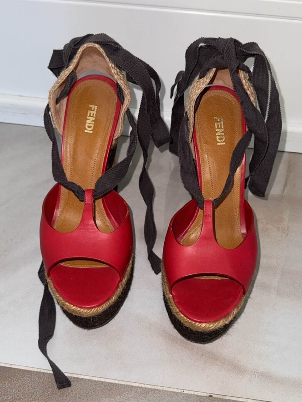 Fendi Espadrille Wedge Sandals with Ankle Ties